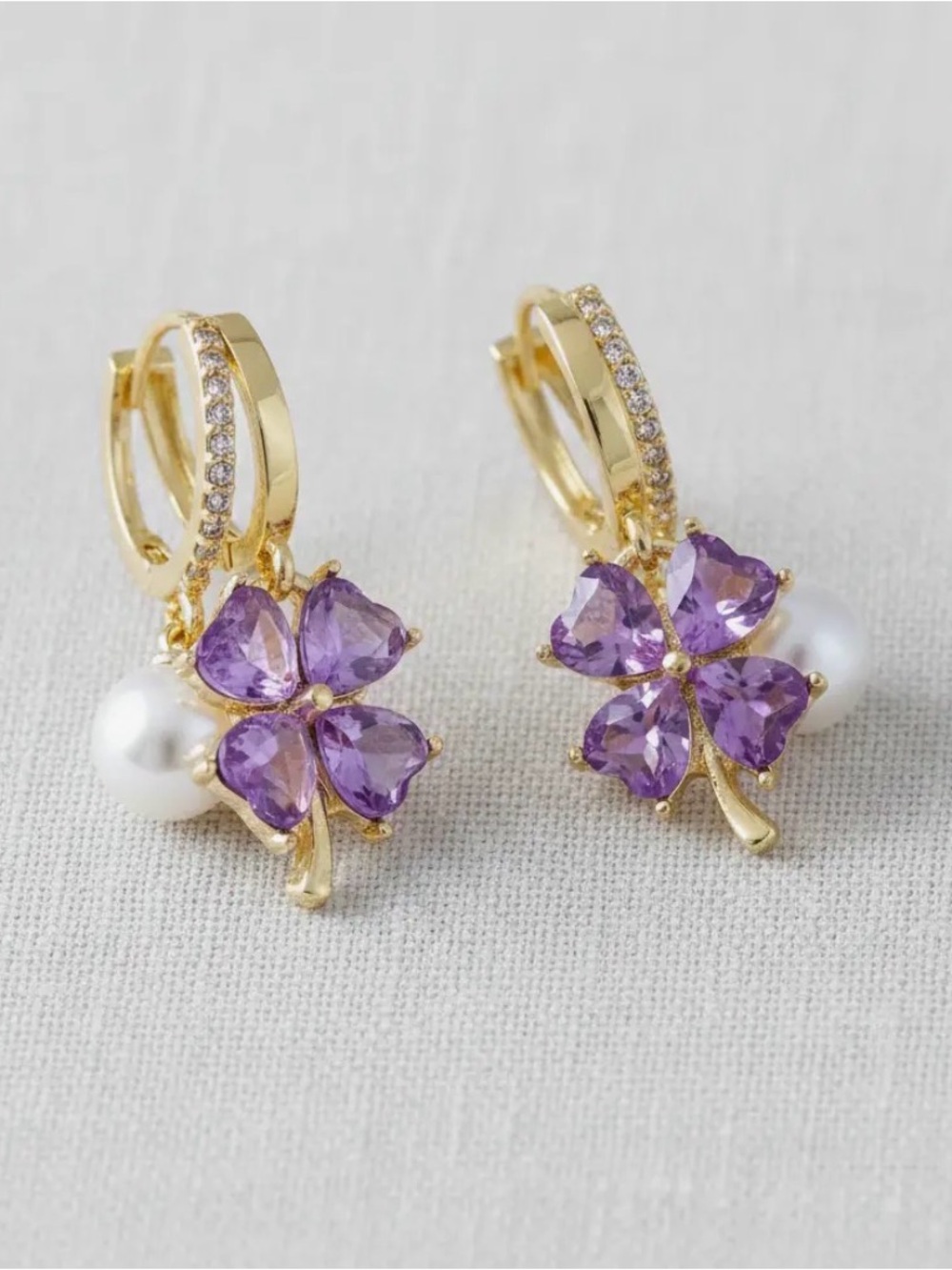 Gold-Plated Clover Drop Earrings with Purple Gemstones and Pearl